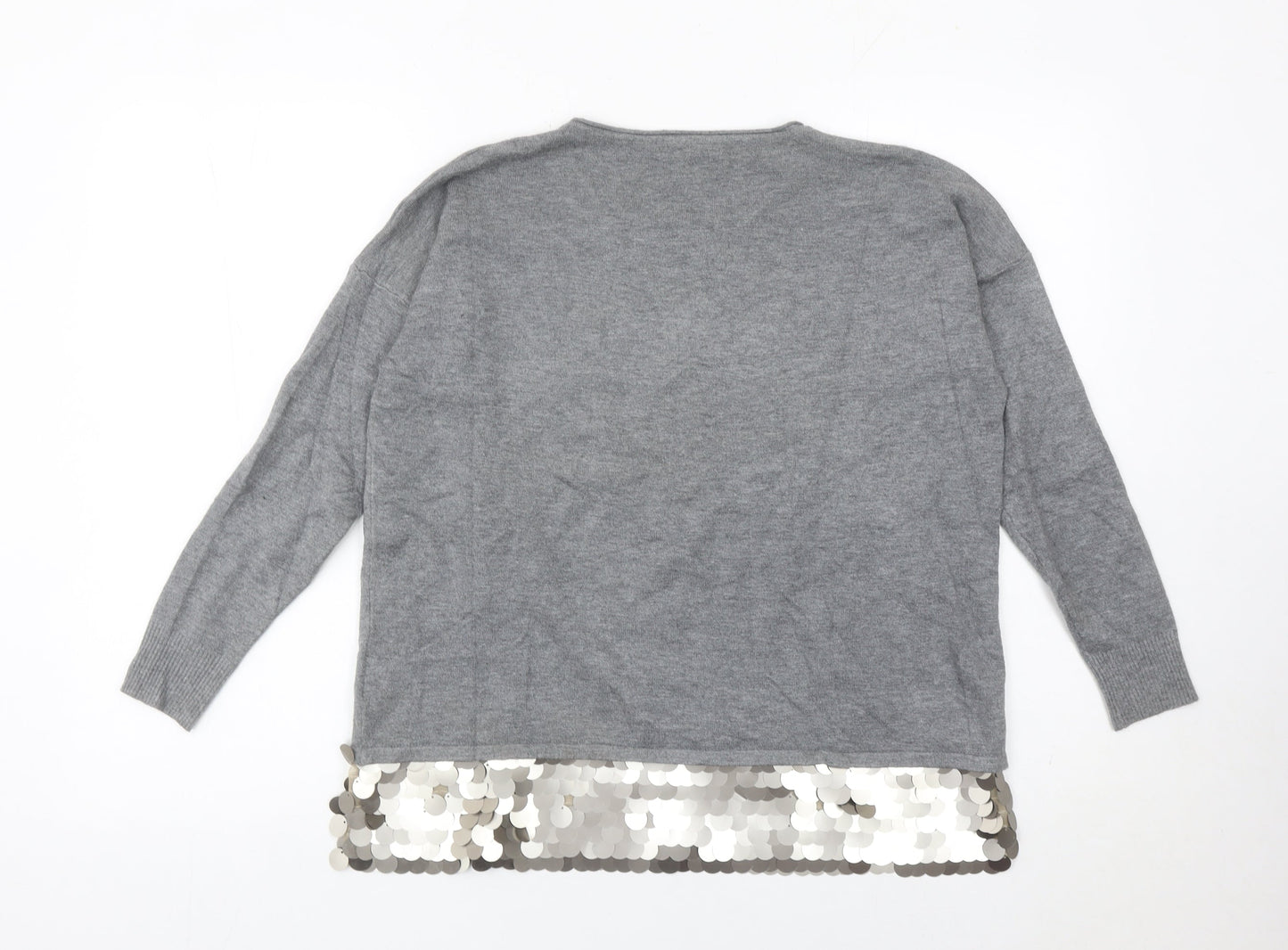 Beauty Women Grey Sequin Hem Pullover Jumper Womens S Long Sleeve Party Knit