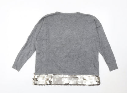 Beauty Women Grey Sequin Hem Pullover Jumper Womens S Long Sleeve Party Knit