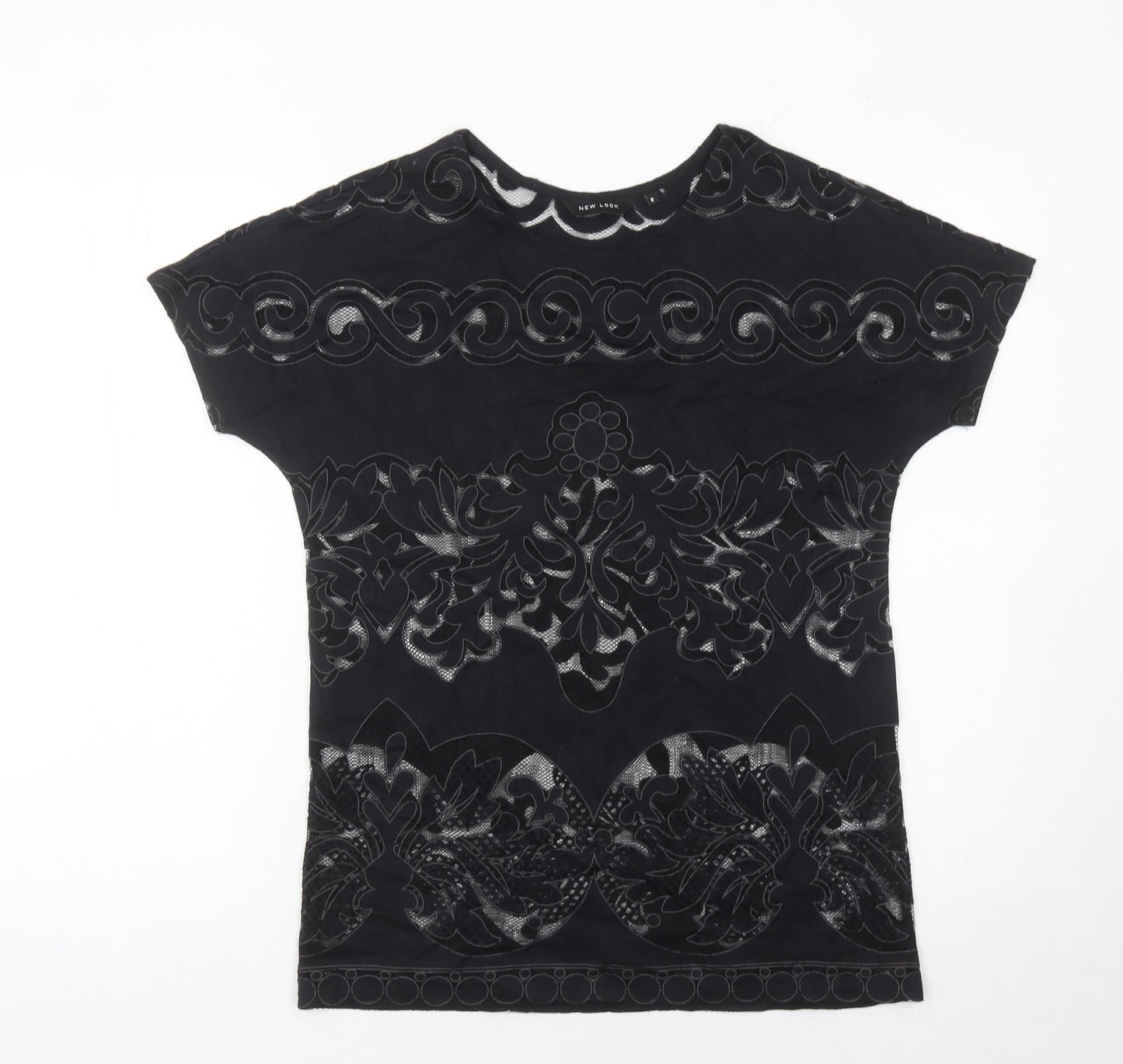 New Look Women’s Black Floral Lace T-Shirt Size 8 Short Sleeve