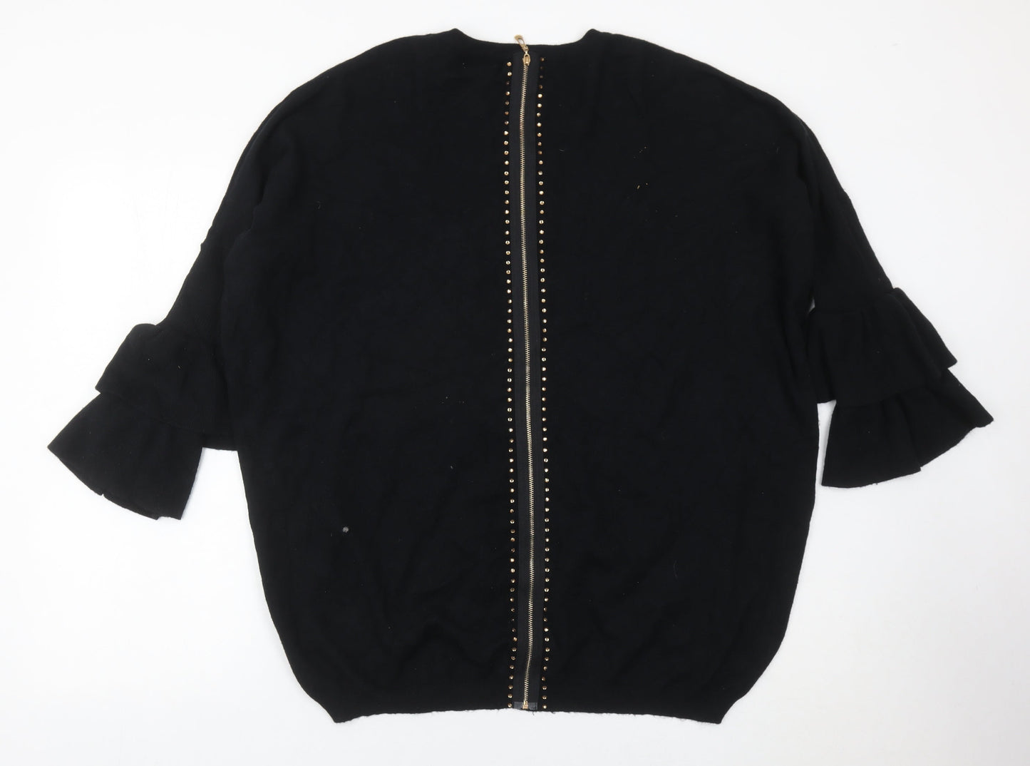 Blue Vanilla Womens Black Pullover Jumper M Ruffle Sleeve Zip Back