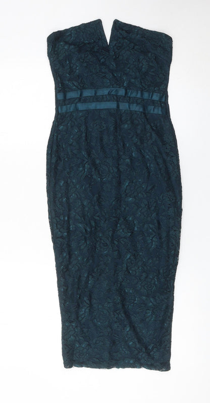 Pink Boutique Women’s Green Lace Bodycon Strapless Midi Dress Size 8