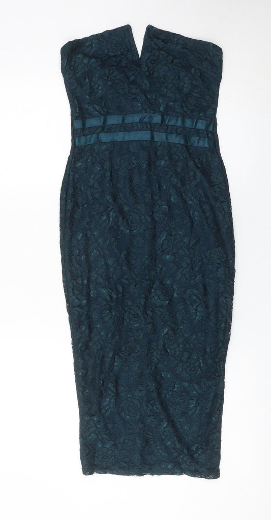 Pink Boutique Women’s Green Lace Bodycon Strapless Midi Dress Size 8