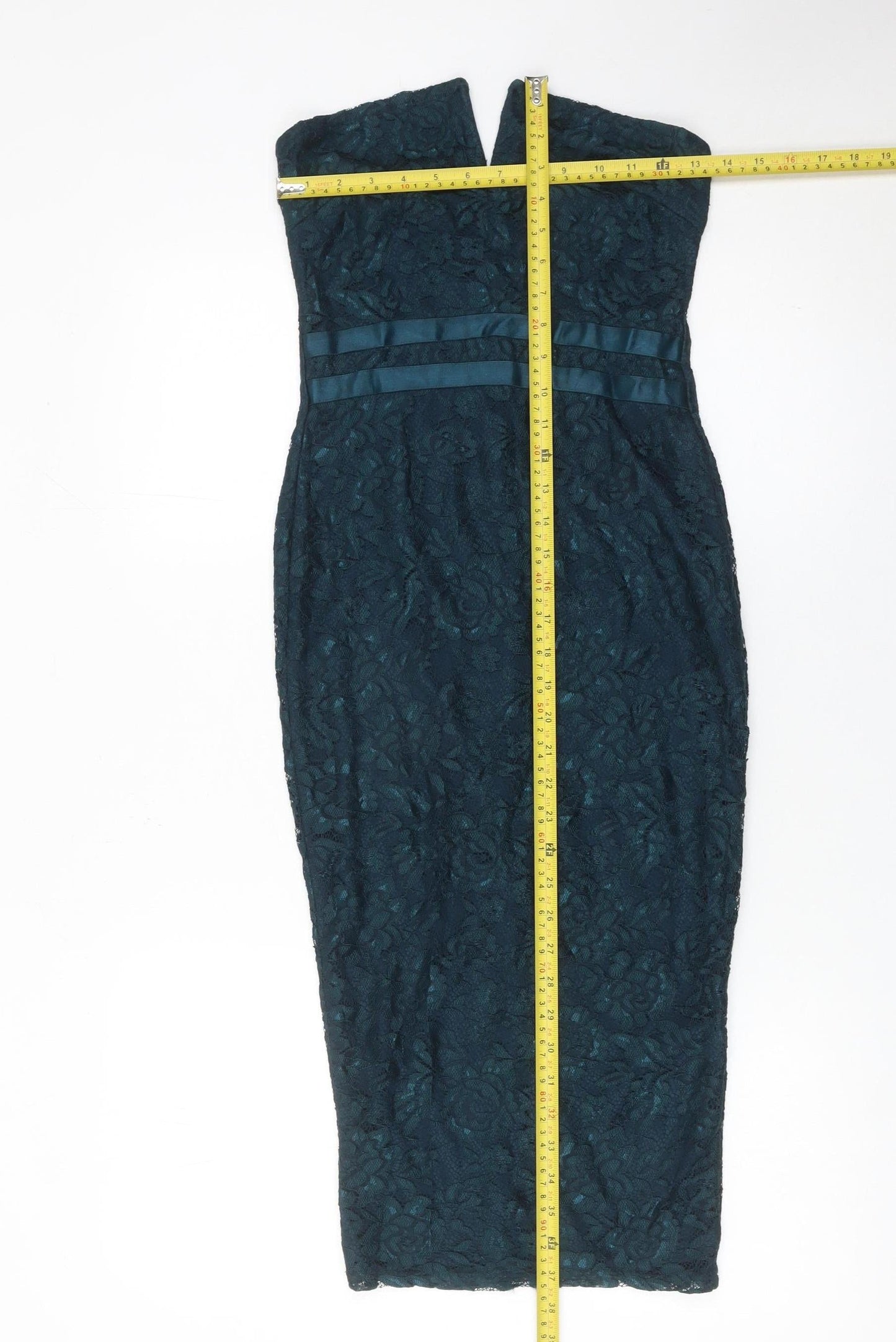 Pink Boutique Women’s Green Lace Bodycon Strapless Midi Dress Size 8