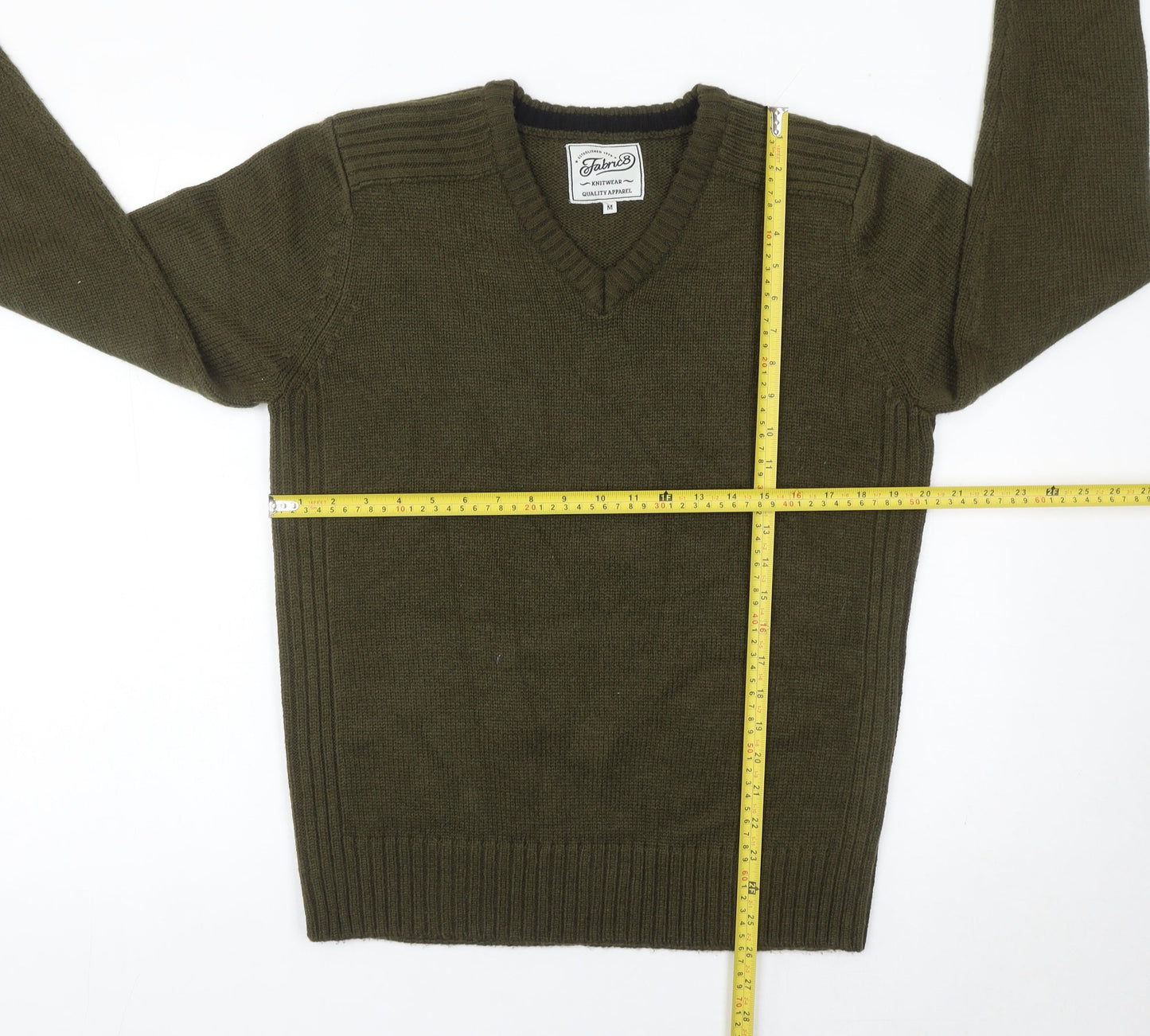 Fabric8 Men's Green V-Neck Knit Pullover Jumper Size M