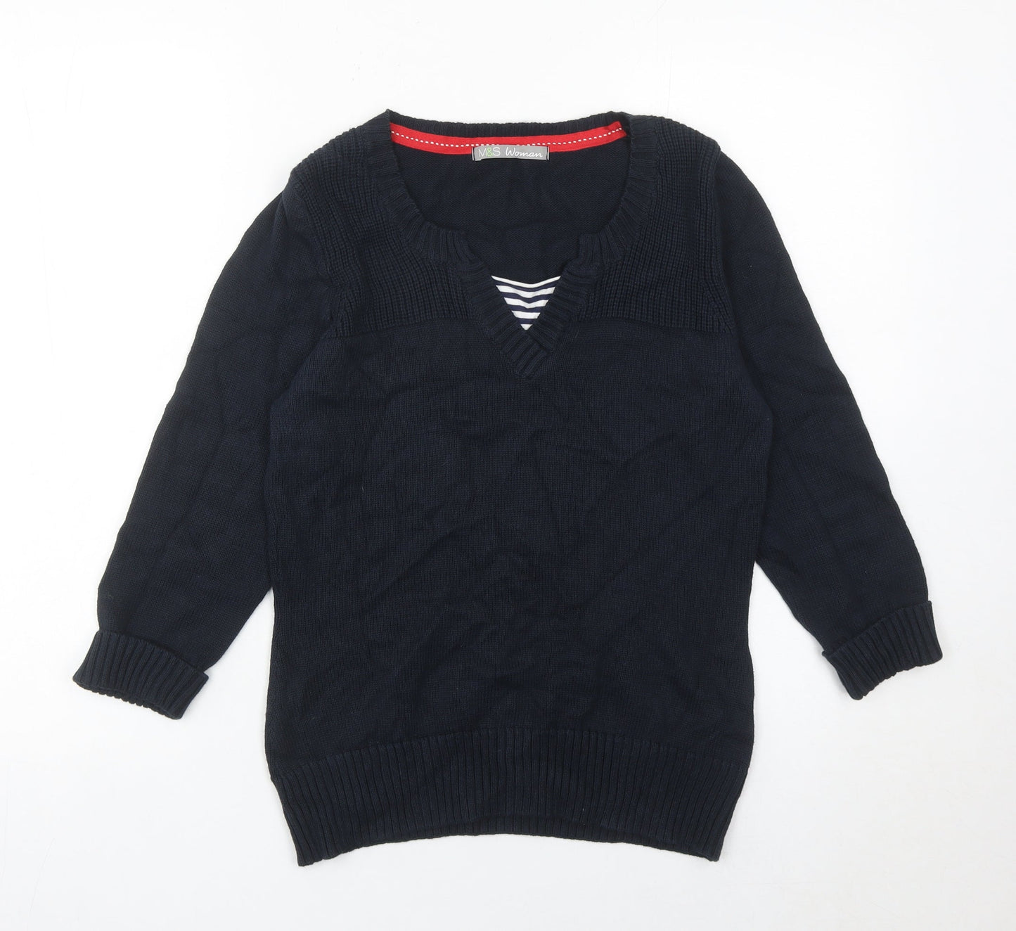Marks and Spencer Womens Black Cotton V-Neck Jumper Size 12