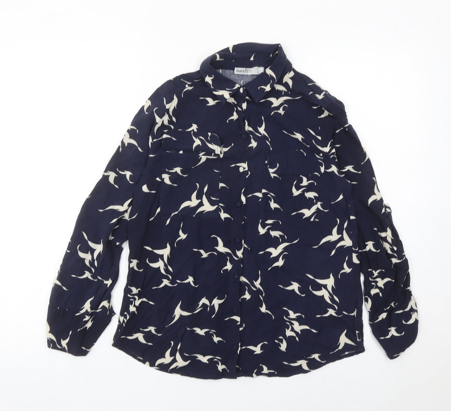 Oasis Women’s Blue Animal Print Collared Long Sleeve Blouse Size 10