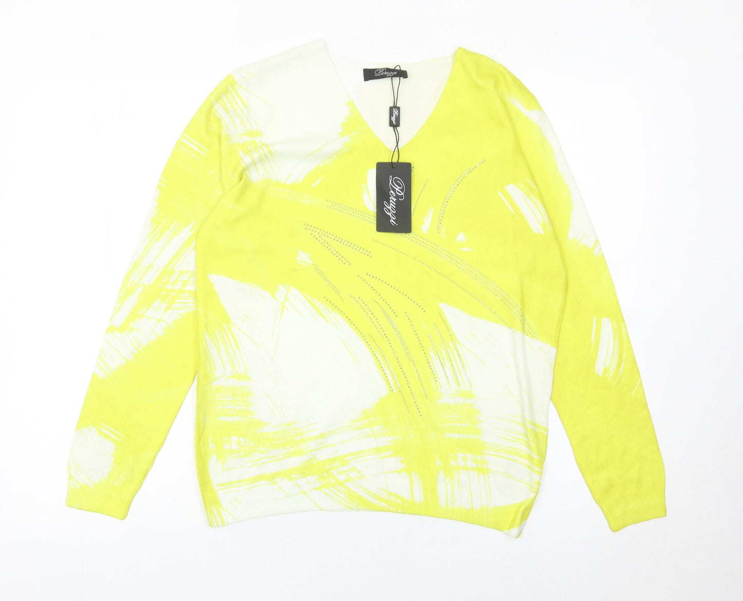 Peruzzi Womens Yellow V-Neck Pullover Jumper Size 8 Long Sleeve