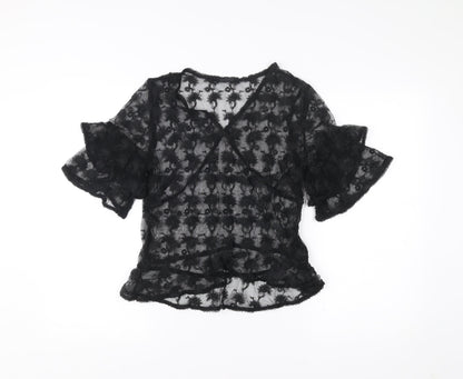 AllSaints Womens Black Lace Wrap Blouse UK 10 V-Neck Flared Sleeve