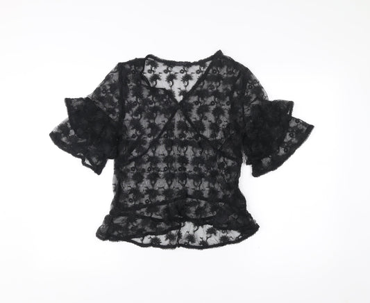 AllSaints Womens Black Lace Wrap Blouse UK 10 V-Neck Flared Sleeve