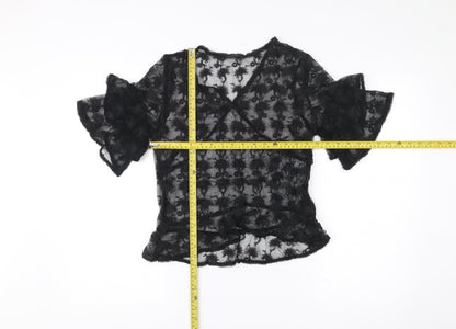 AllSaints Womens Black Lace Wrap Blouse UK 10 V-Neck Flared Sleeve