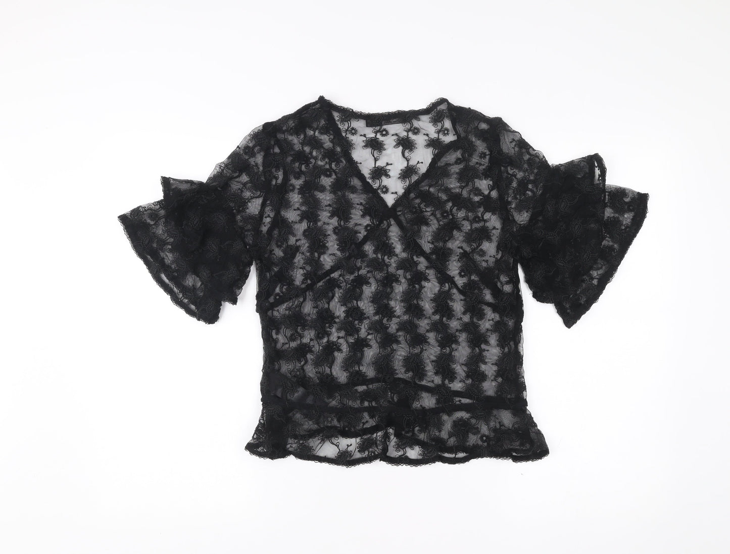 AllSaints Womens Black Lace Wrap Blouse UK 10 V-Neck Flared Sleeve