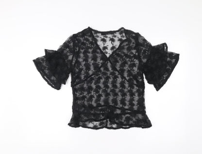 AllSaints Womens Black Lace Wrap Blouse UK 10 V-Neck Flared Sleeve