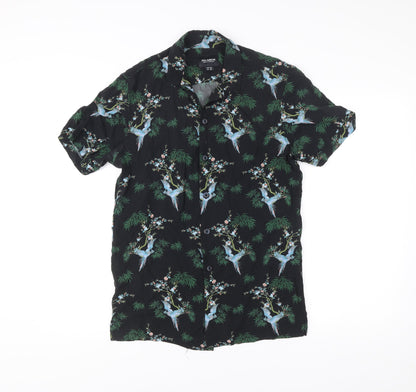 Pull & Bear Men’s Black Tropical Animal Print Shirt M Short Sleeve