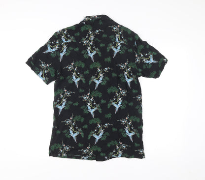 Pull & Bear Men’s Black Tropical Animal Print Shirt M Short Sleeve