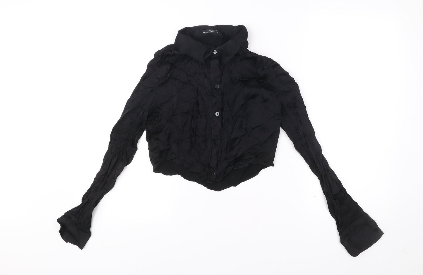 Bershka Womens Black Cropped Collared Button-Up Shirt L Long Sleeve