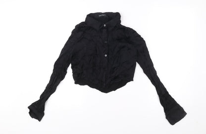 Bershka Womens Black Cropped Collared Button-Up Shirt L Long Sleeve