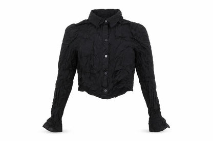 Bershka Womens Black Cropped Collared Button-Up Shirt L Long Sleeve