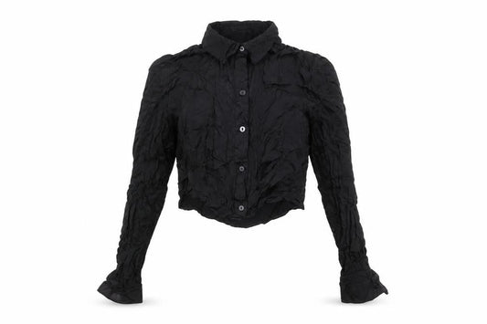 Bershka Womens Black Cropped Collared Button-Up Shirt L Long Sleeve