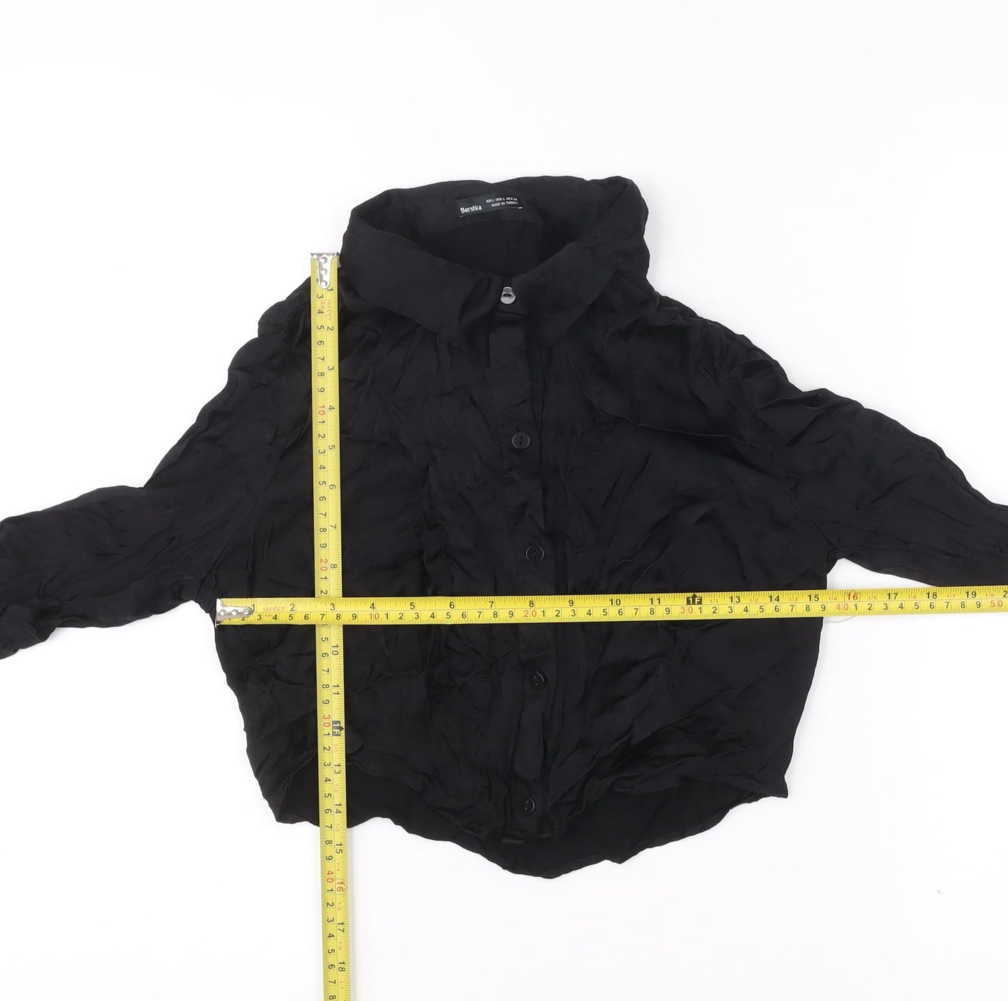 Bershka Womens Black Cropped Collared Button-Up Shirt L Long Sleeve