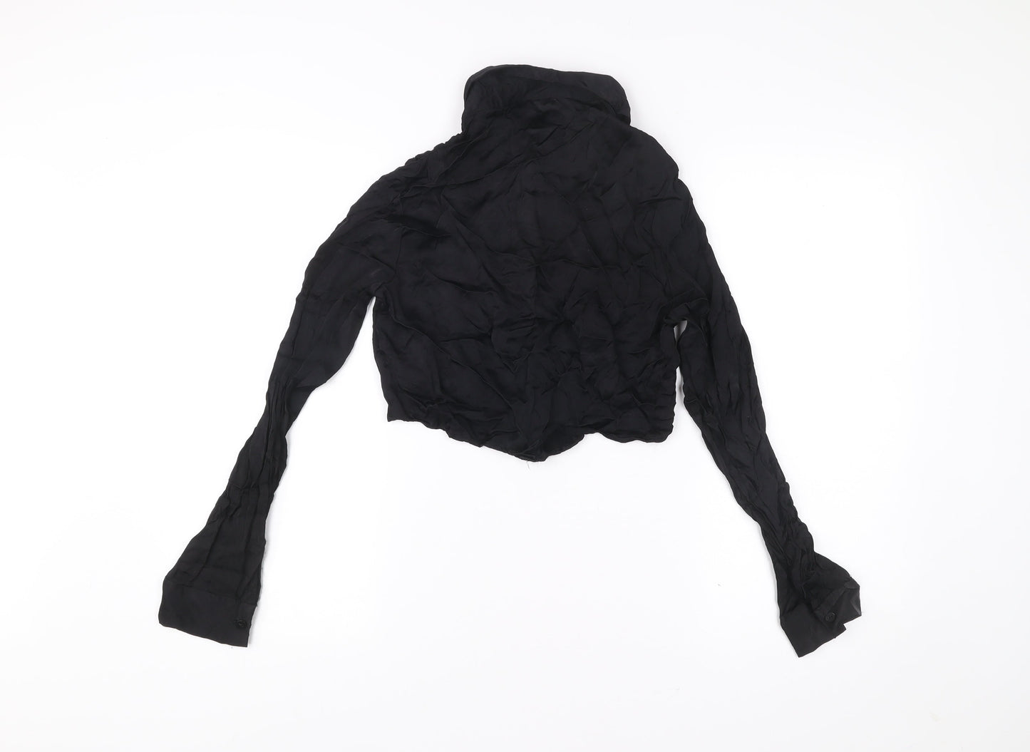 Bershka Womens Black Cropped Collared Button-Up Shirt L Long Sleeve