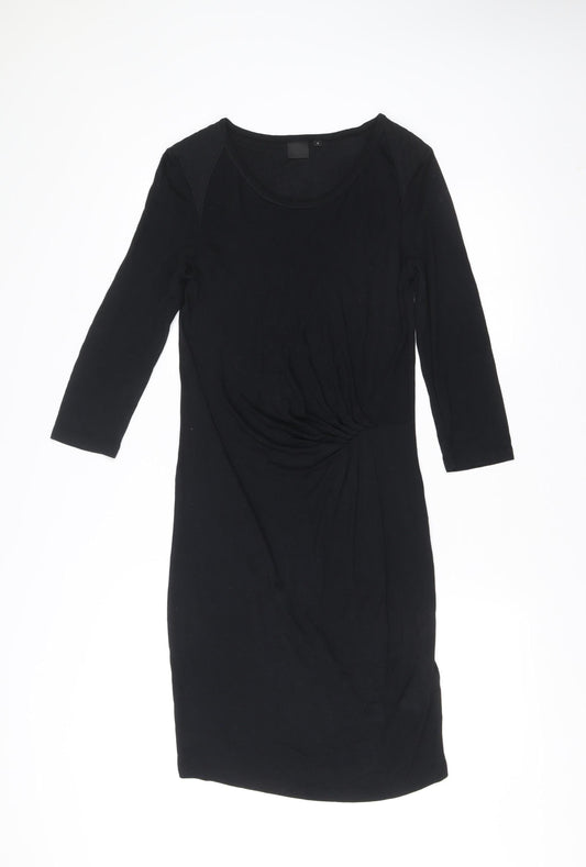 InWear Women’s Black Bodycon Knee Length Dress S Scoop Neck 3/4 Sleeve
