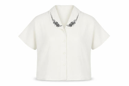 Jamie Oliver Womens Ivory Embroidered Collar Button-Up Blouse Size 14