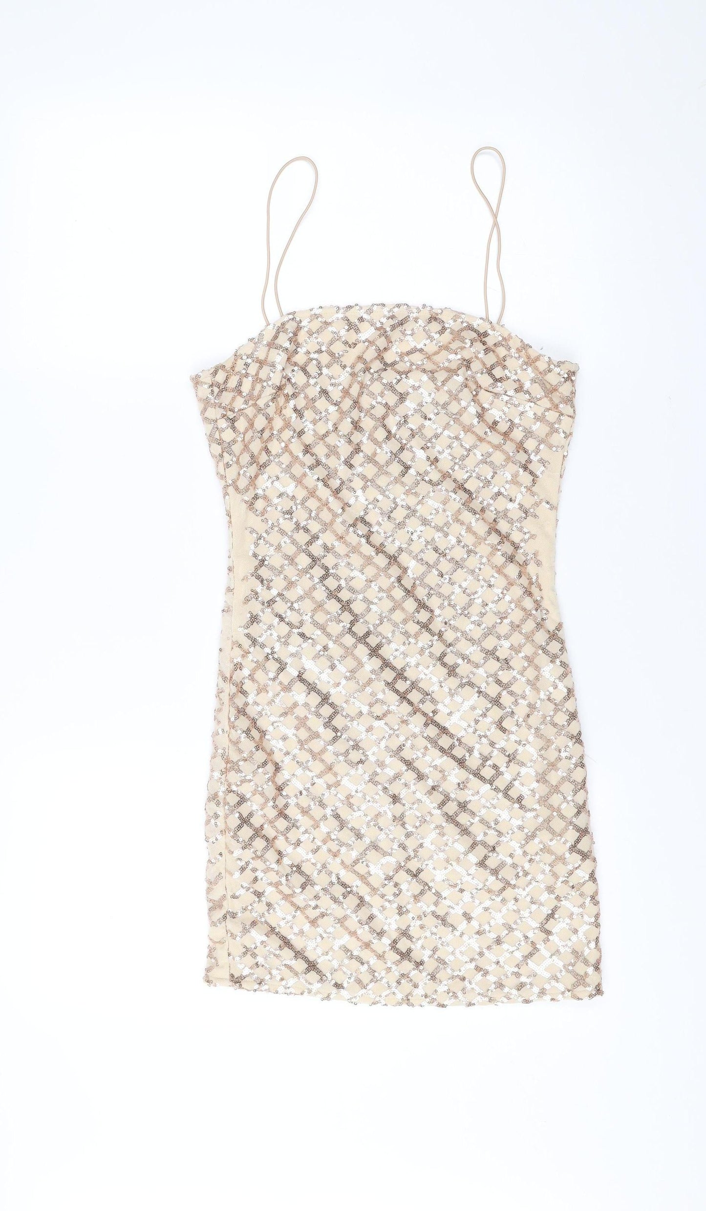 PrettyLittleThing Women Beige Sequin Short Bodycon Dress Size 8