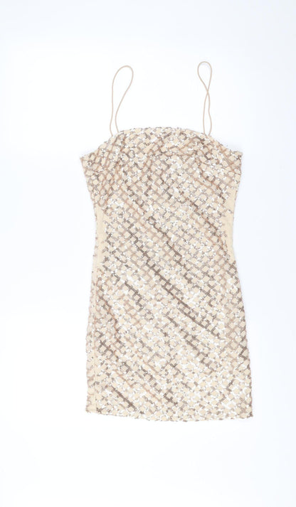 PrettyLittleThing Women Beige Sequin Short Bodycon Dress Size 8