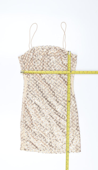 PrettyLittleThing Women Beige Sequin Short Bodycon Dress Size 8