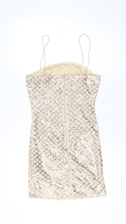 PrettyLittleThing Women Beige Sequin Short Bodycon Dress Size 8