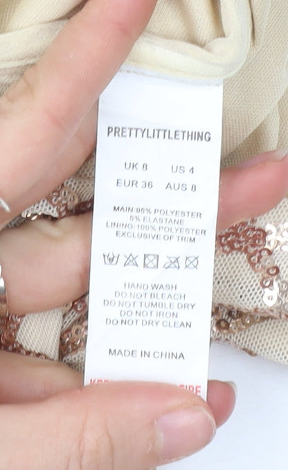 PrettyLittleThing Women Beige Sequin Short Bodycon Dress Size 8