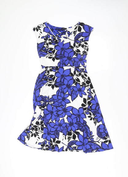 M&Co Womens Blue White Floral A-Line Knee Length Dress Size 12