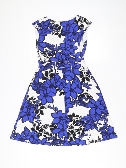 M&Co Womens Blue White Floral A-Line Knee Length Dress Size 12