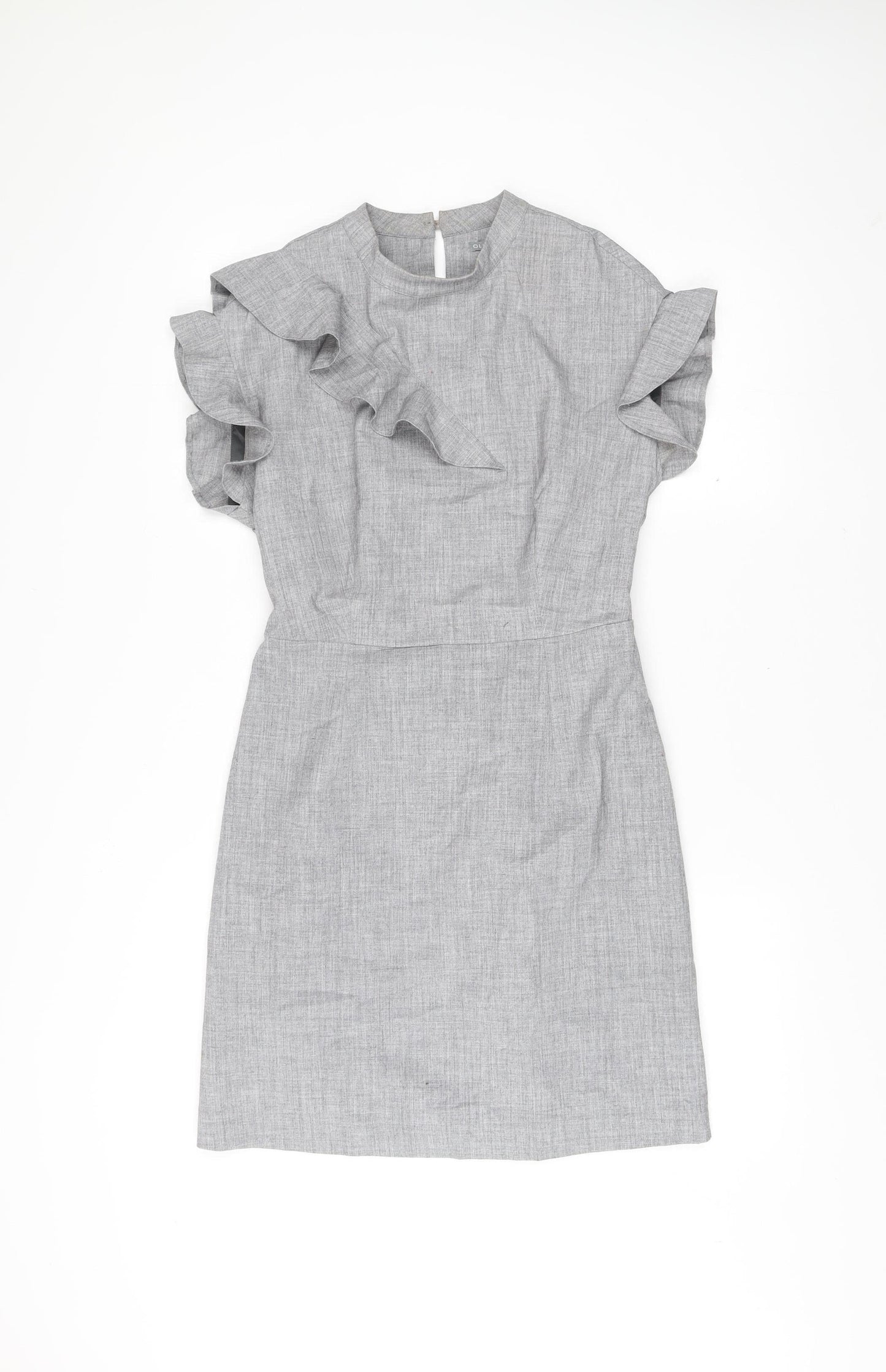 Oliver Bonas Women’s Grey Shift Dress Size 6 Ruffle Sleeve Workwear