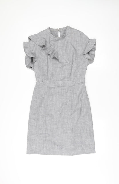 Oliver Bonas Women’s Grey Shift Dress Size 6 Ruffle Sleeve Workwear