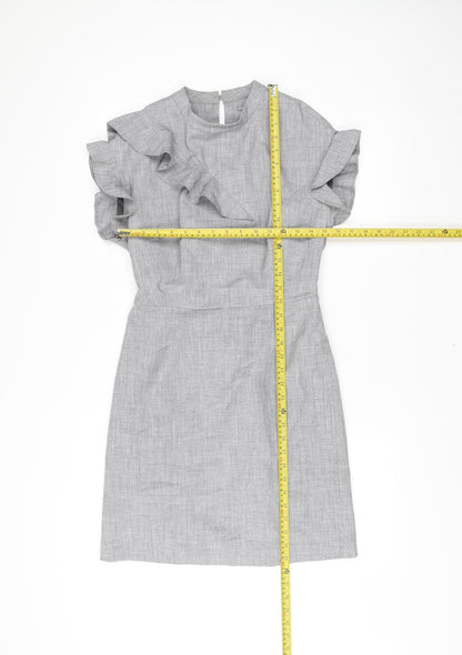 Oliver Bonas Women’s Grey Shift Dress Size 6 Ruffle Sleeve Workwear