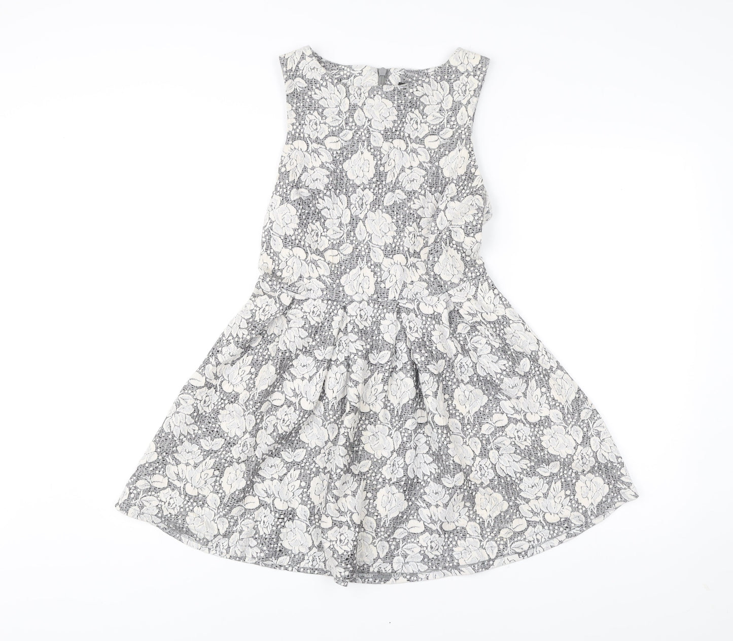 Topshop Women’s Grey Ivory Floral Skater Dress UK 10 Sleeveless