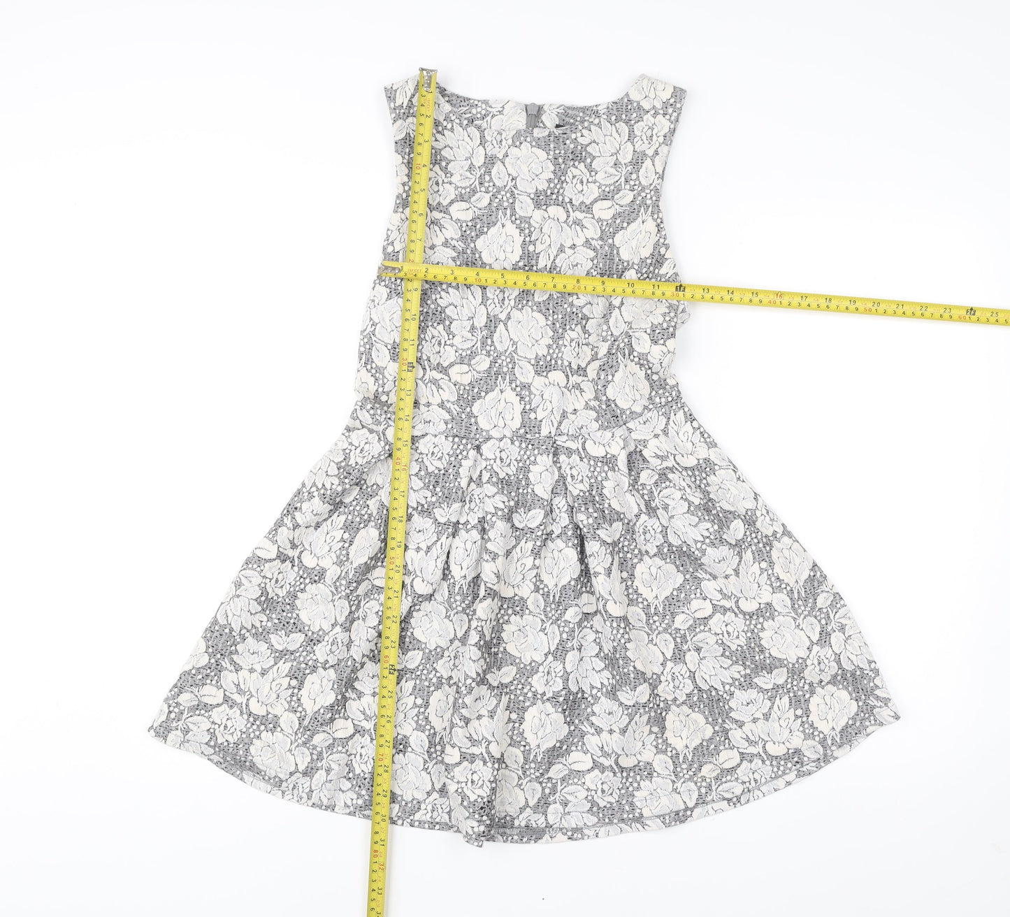 Topshop Women’s Grey Ivory Floral Skater Dress UK 10 Sleeveless
