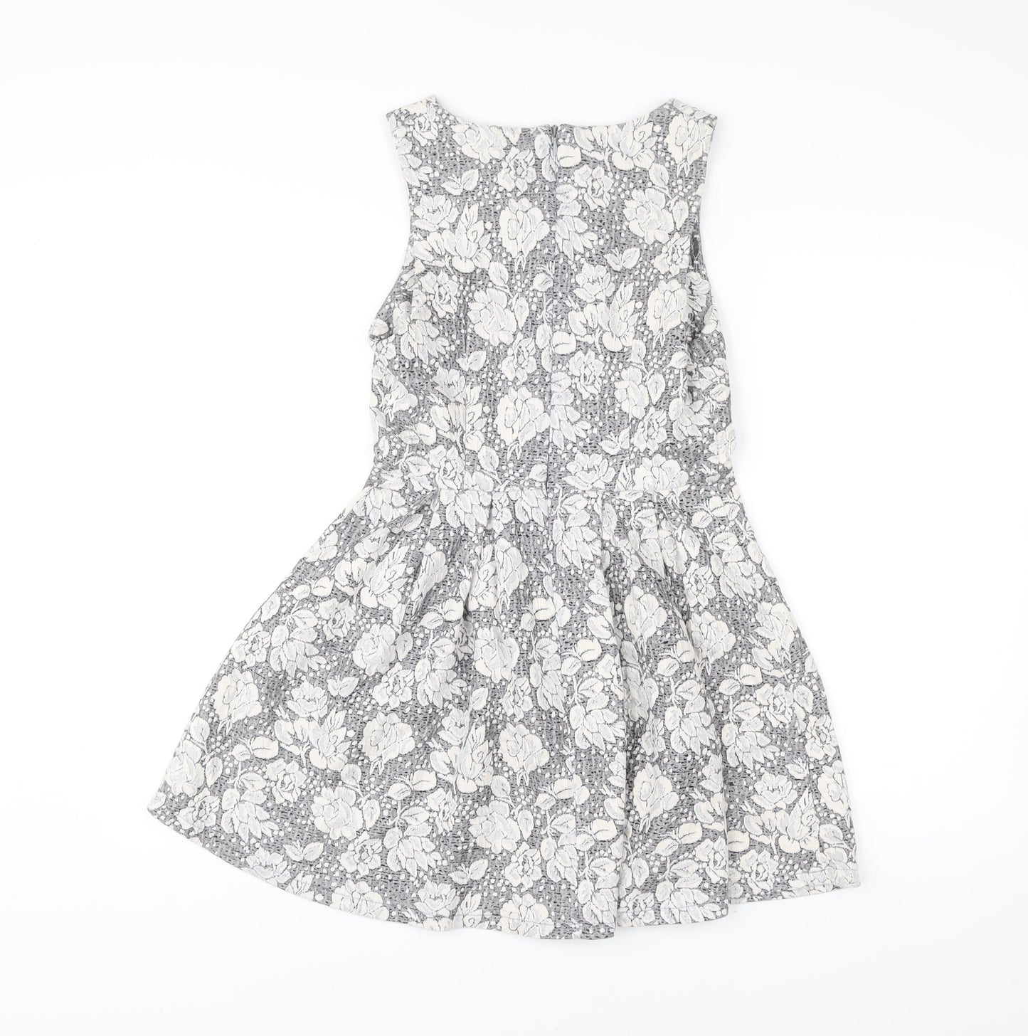 Topshop Women’s Grey Ivory Floral Skater Dress UK 10 Sleeveless