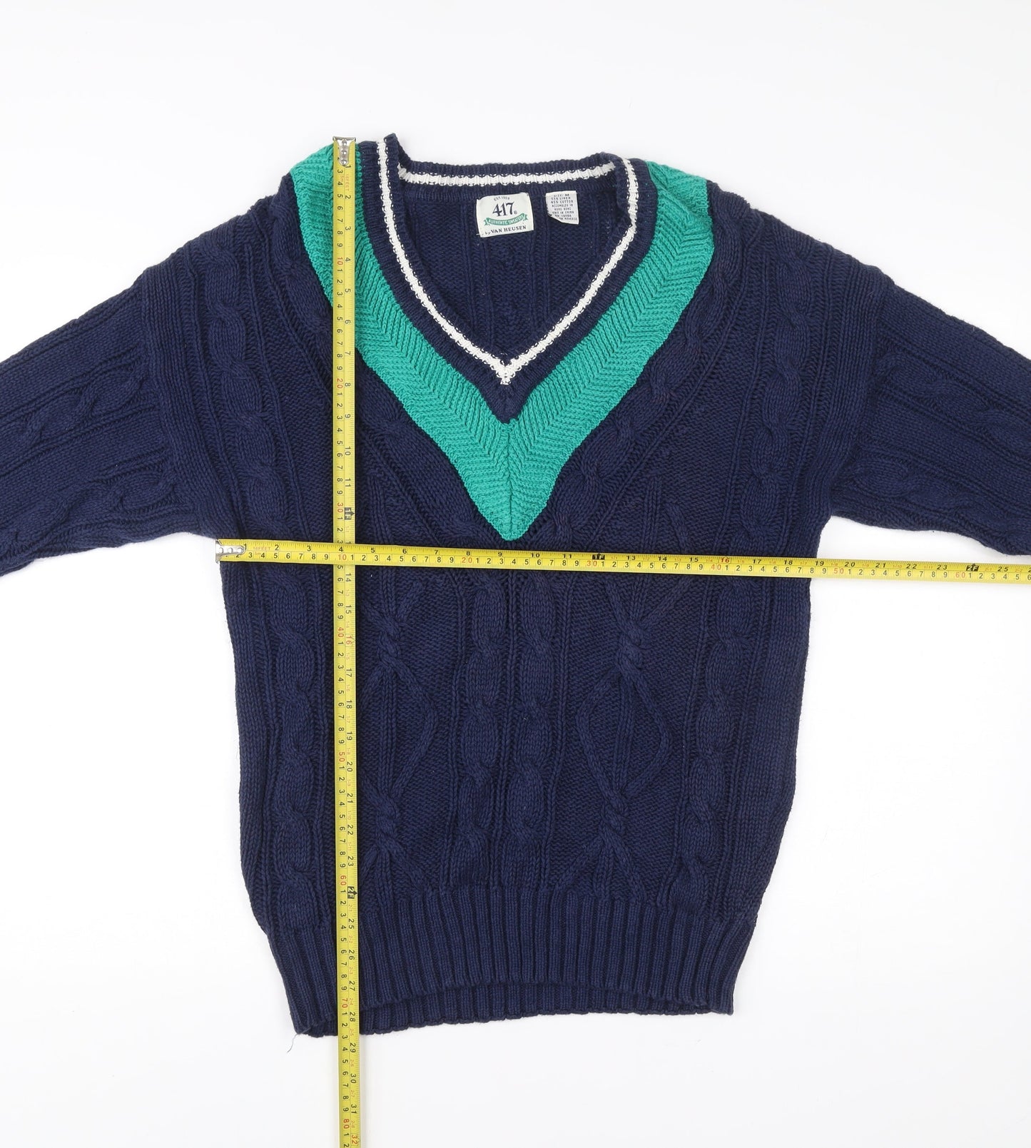 Van Heusen Mens Blue Cable-Knit V-Neck Pullover Jumper M