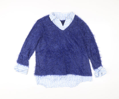 Just White Women Blue Size 14 V-Neck Pullover Jumper