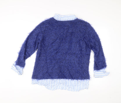 Just White Women Blue Size 14 V-Neck Pullover Jumper