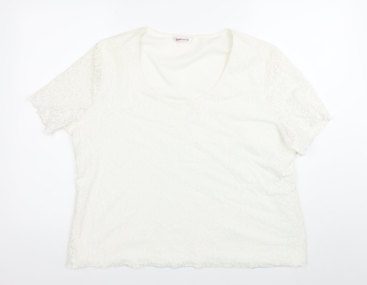 Bonmarché Womens White Lace Blouse XL Short Sleeve Scoop Neck