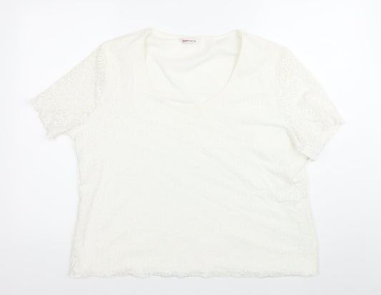 Bonmarché Womens White Lace Blouse XL Short Sleeve Scoop Neck