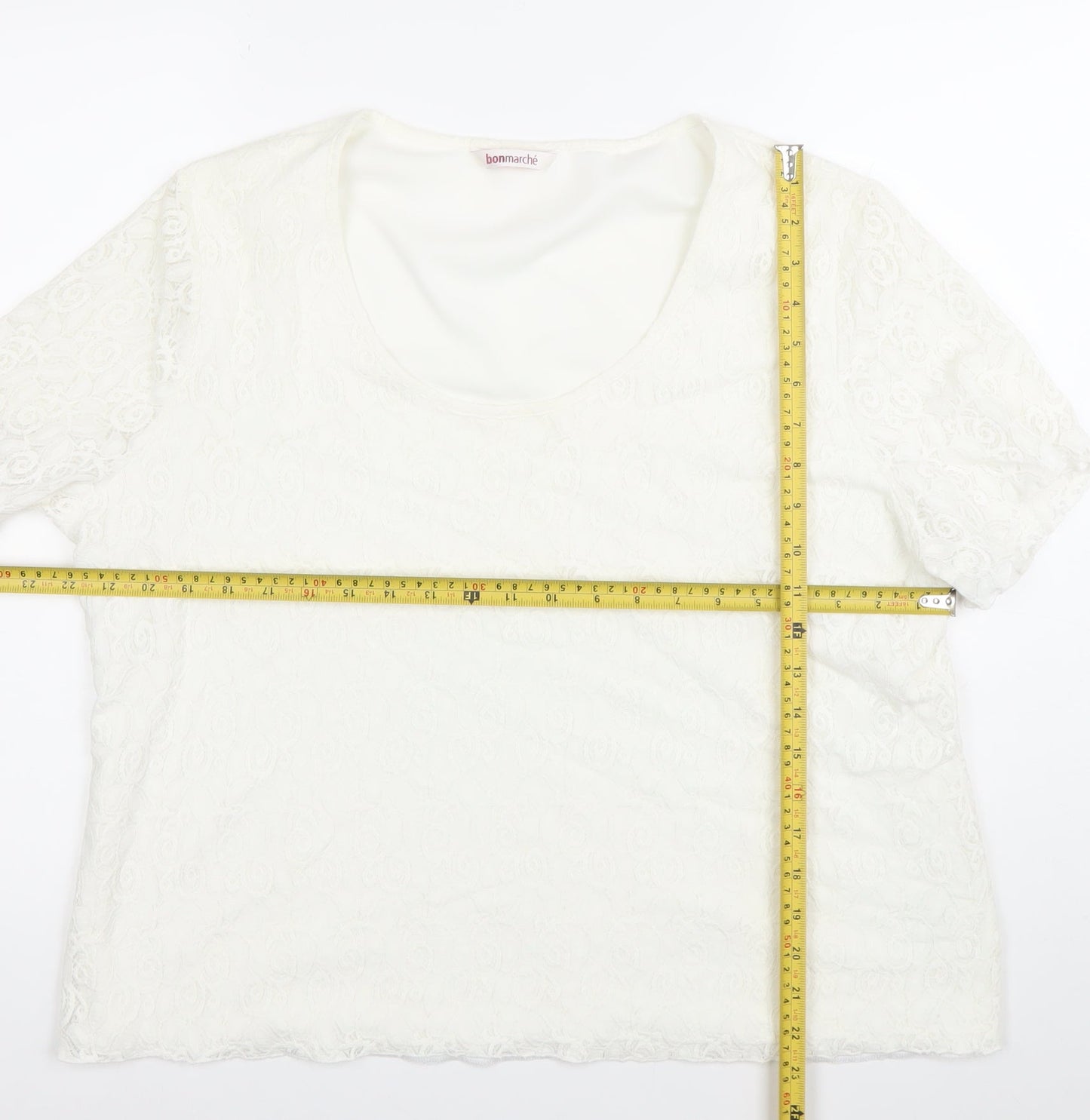 Bonmarché Womens White Lace Blouse XL Short Sleeve Scoop Neck