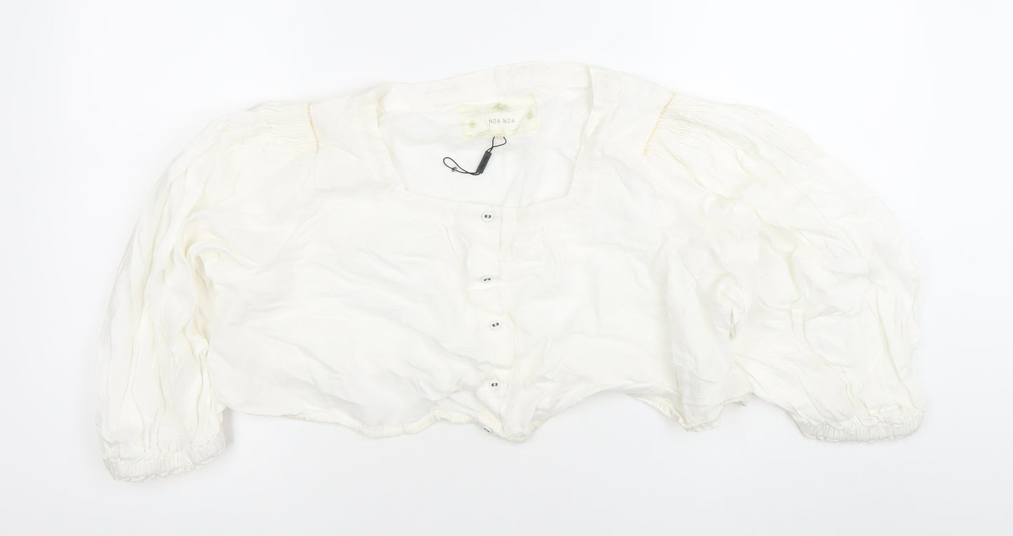 Noa Noa Women’s White Cotton Cropped Blouse Size M Puff Sleeve
