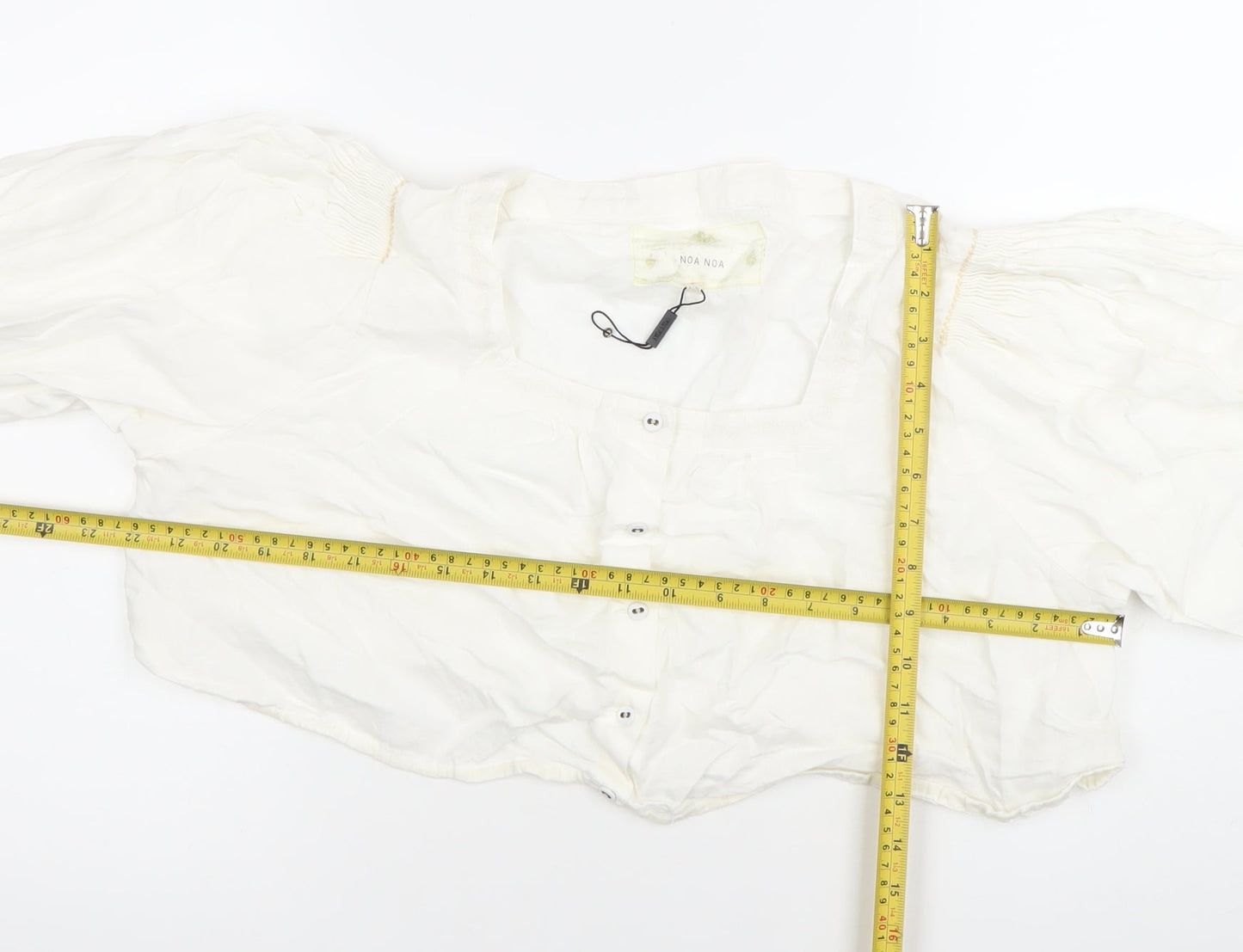Noa Noa Women’s White Cotton Cropped Blouse Size M Puff Sleeve