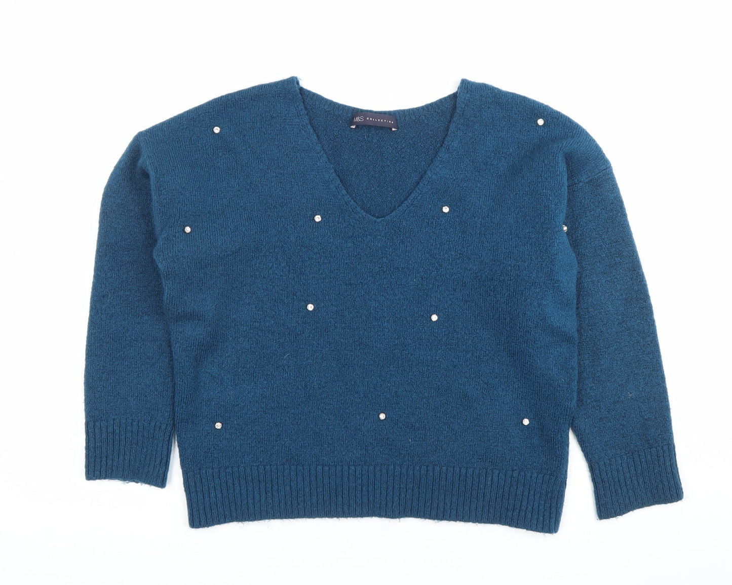 Marks and Spencer Womens Blue Beaded V-Neck Pullover Jumper Size 10