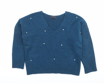 Marks and Spencer Womens Blue Beaded V-Neck Pullover Jumper Size 10