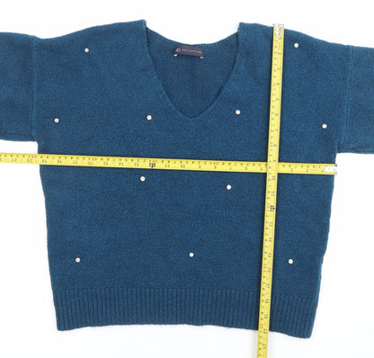 Marks and Spencer Womens Blue Beaded V-Neck Pullover Jumper Size 10